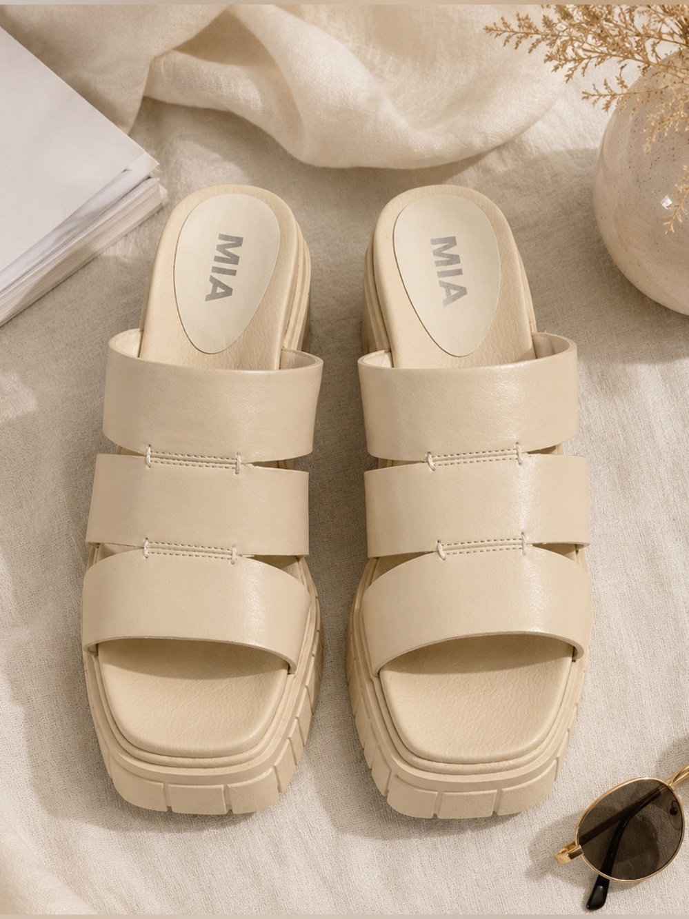 MIA Cream Triple-Strap Platform Mules New